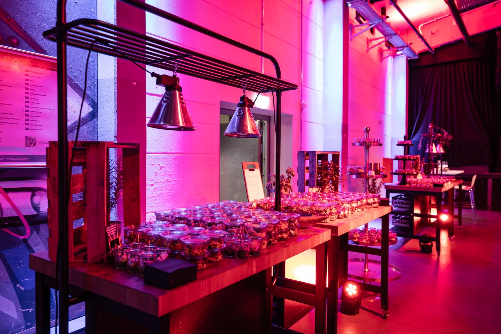 Industrial loft buffet with dramatic hanging pendants.